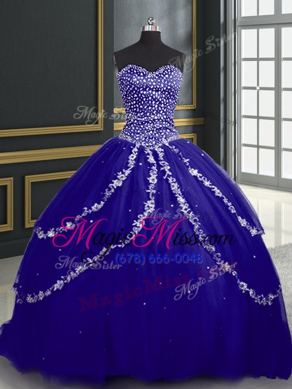 wholesale stunning with train lace up quinceanera gown blue and in for military ball and sweet 16 and quinceanera with beading and appliques brush train