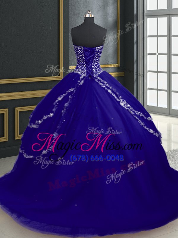 wholesale stunning with train lace up quinceanera gown blue and in for military ball and sweet 16 and quinceanera with beading and appliques brush train