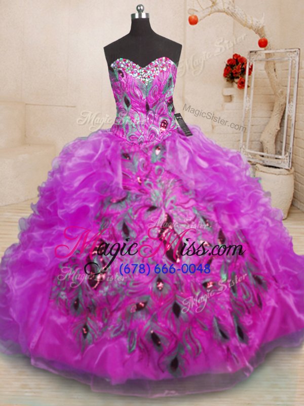 wholesale decent beading and appliques and ruffles 15th birthday dress purple zipper sleeveless floor length