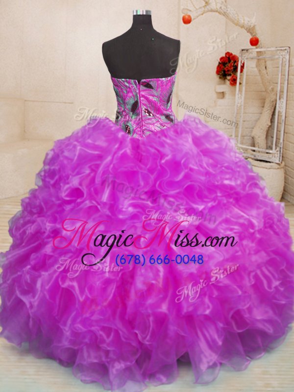 wholesale decent beading and appliques and ruffles 15th birthday dress purple zipper sleeveless floor length