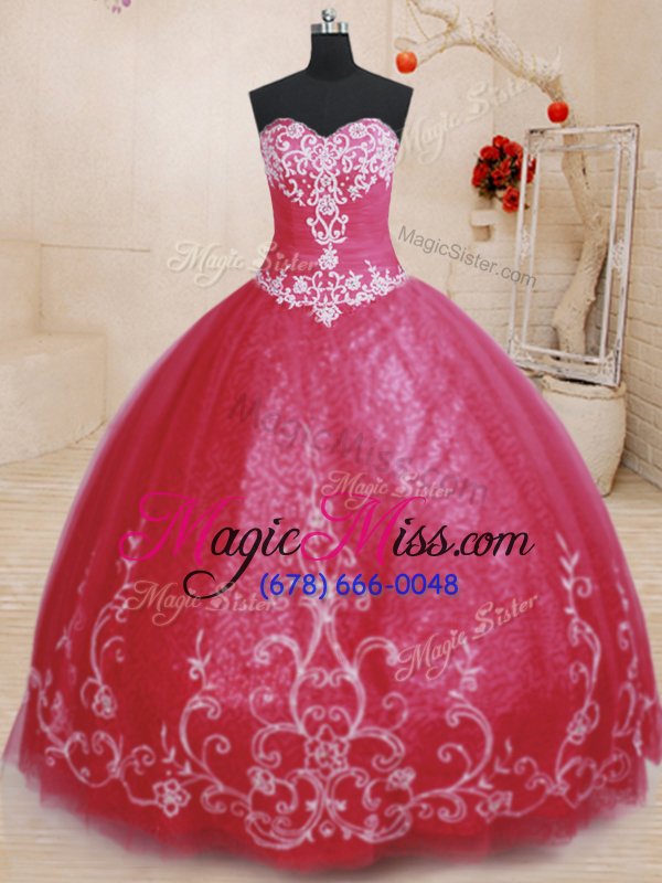 wholesale vintage red lace up sweetheart beading and embroidery quince ball gowns tulle sleeveless