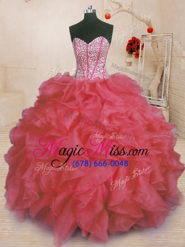 wholesale affordable coral red sweetheart lace up beading and ruffles 15 quinceanera dress sleeveless