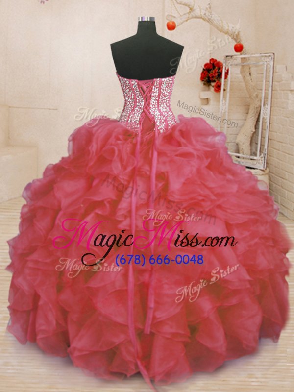 wholesale affordable coral red sweetheart lace up beading and ruffles 15 quinceanera dress sleeveless