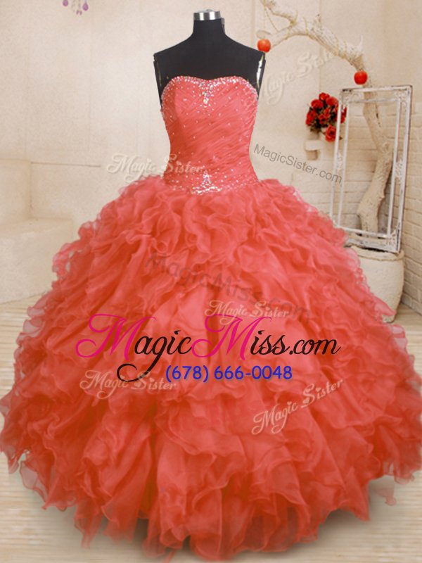 wholesale excellent orange red lace up strapless beading and ruffles and ruching sweet 16 dresses organza sleeveless