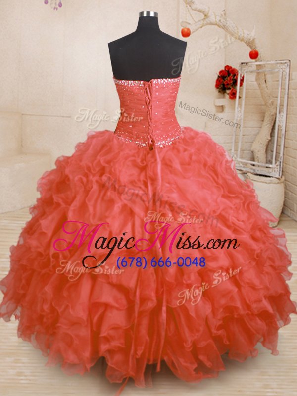 wholesale excellent orange red lace up strapless beading and ruffles and ruching sweet 16 dresses organza sleeveless