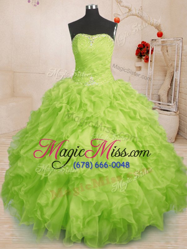 wholesale dramatic organza strapless sleeveless lace up beading and ruffles and ruching quinceanera gowns in yellow green