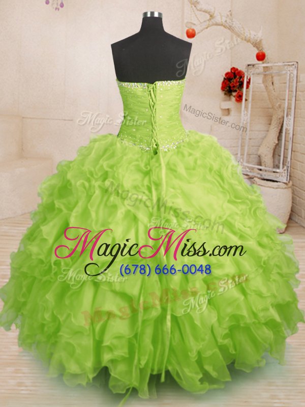 wholesale dramatic organza strapless sleeveless lace up beading and ruffles and ruching quinceanera gowns in yellow green