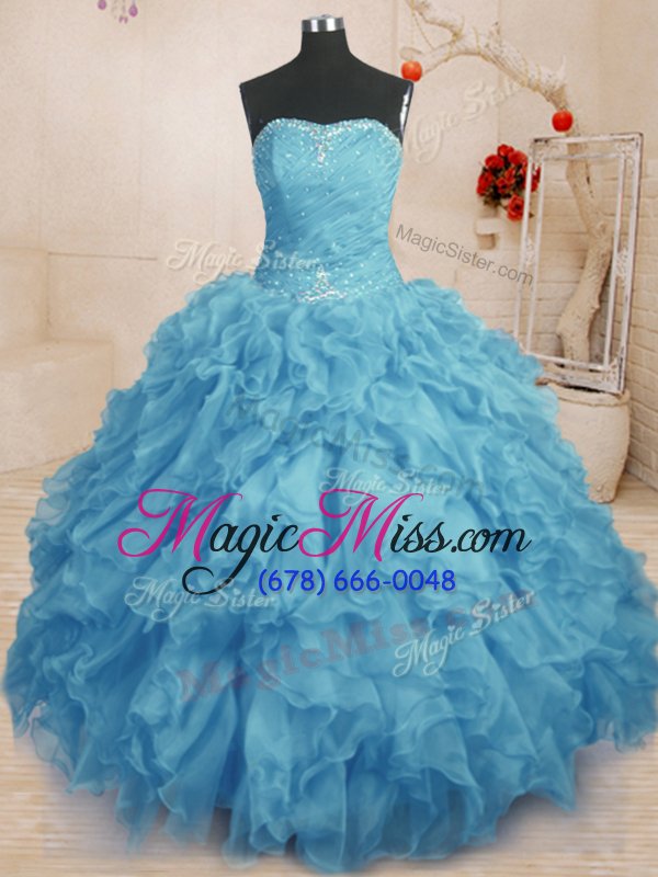 wholesale unique baby blue ball gowns beading and ruffles and ruching quinceanera dress lace up organza sleeveless floor length