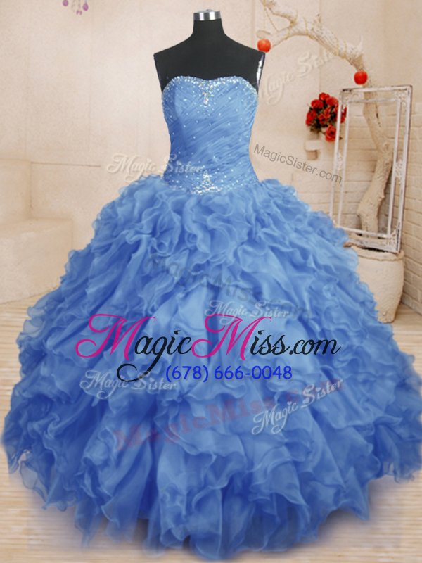 wholesale trendy strapless sleeveless lace up sweet 16 dress blue organza