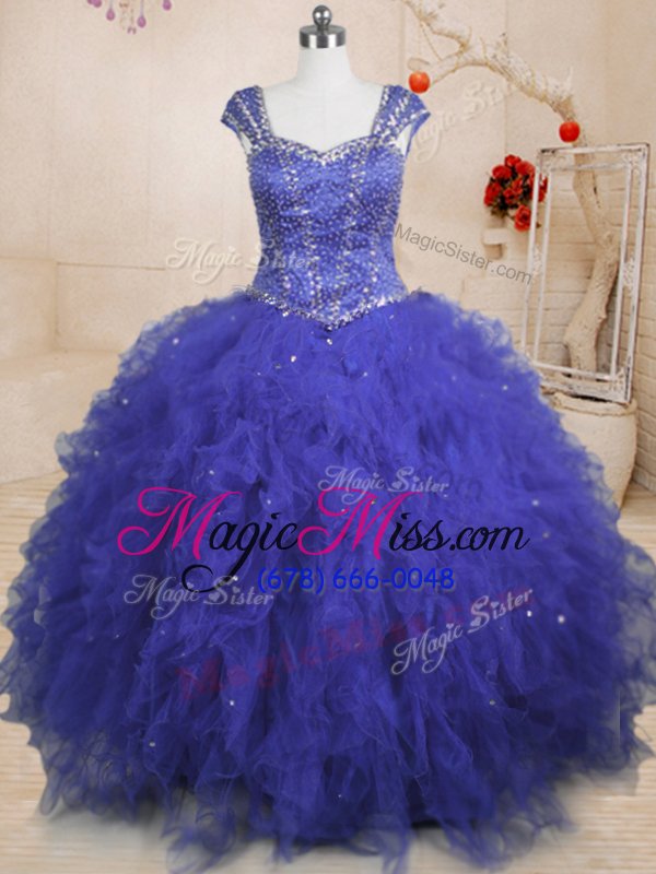 wholesale pretty royal blue tulle lace up sweet 16 dress cap sleeves floor length beading and ruffles and sequins