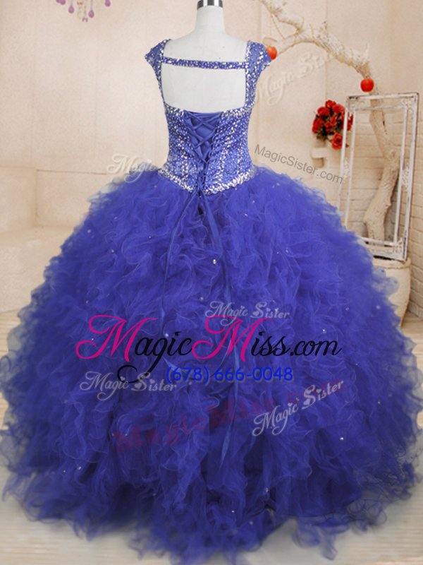 wholesale pretty royal blue tulle lace up sweet 16 dress cap sleeves floor length beading and ruffles and sequins