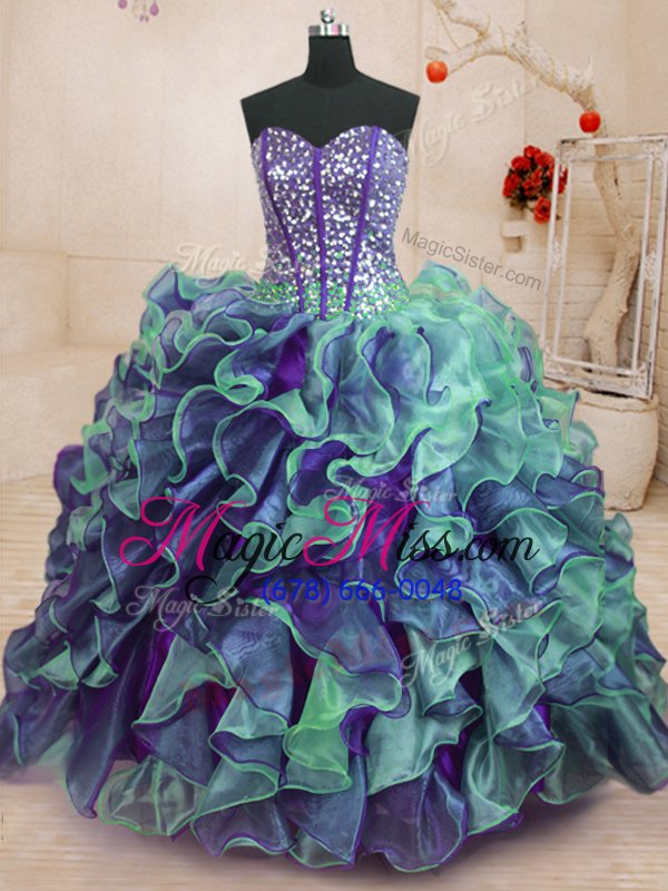 wholesale glamorous multi-color organza lace up sweetheart sleeveless floor length sweet 16 dresses beading and ruffles