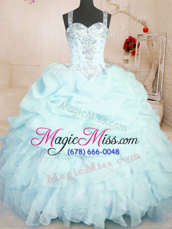 wholesale luxurious light blue ball gowns organza straps sleeveless beading and ruffles and pick ups floor length zipper sweet 16 dresses