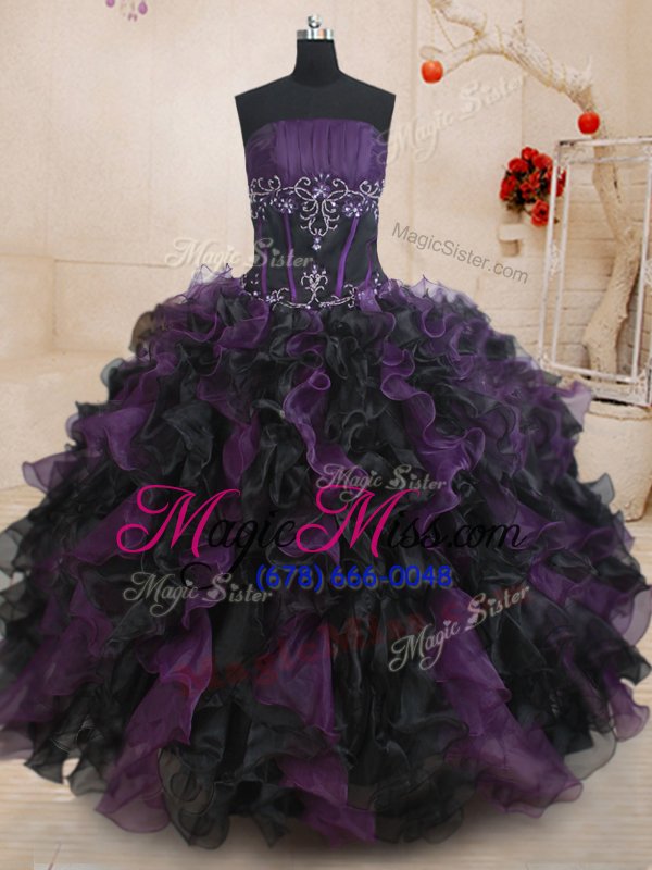 wholesale fantastic sleeveless organza floor length lace up ball gown prom dress in black and purple for with beading and ruffles