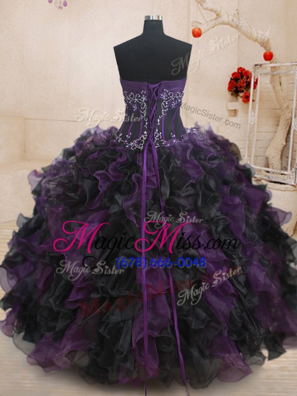 wholesale fantastic sleeveless organza floor length lace up ball gown prom dress in black and purple for with beading and ruffles