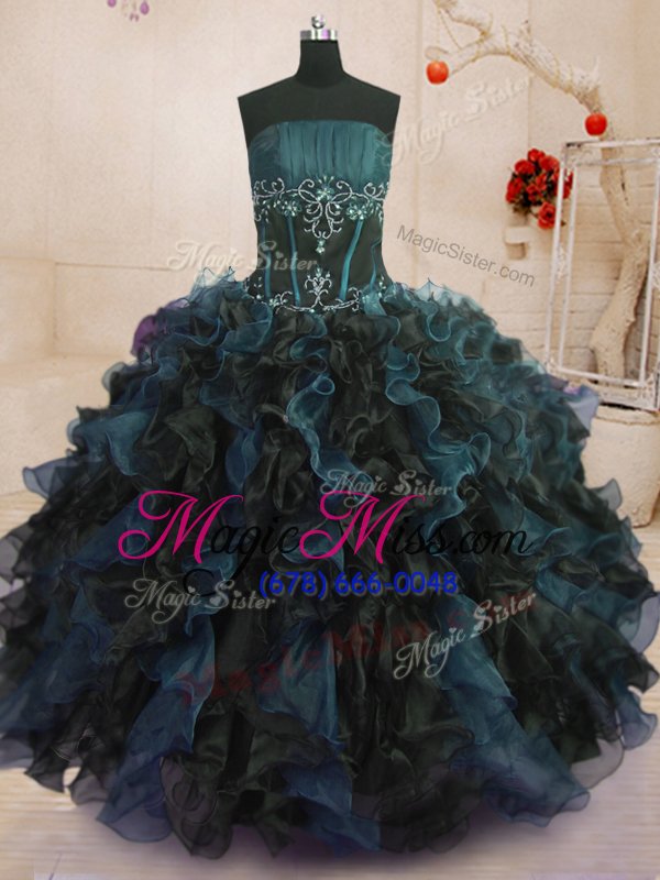 wholesale vintage blue and black strapless lace up beading and ruffles sweet 16 dresses sleeveless