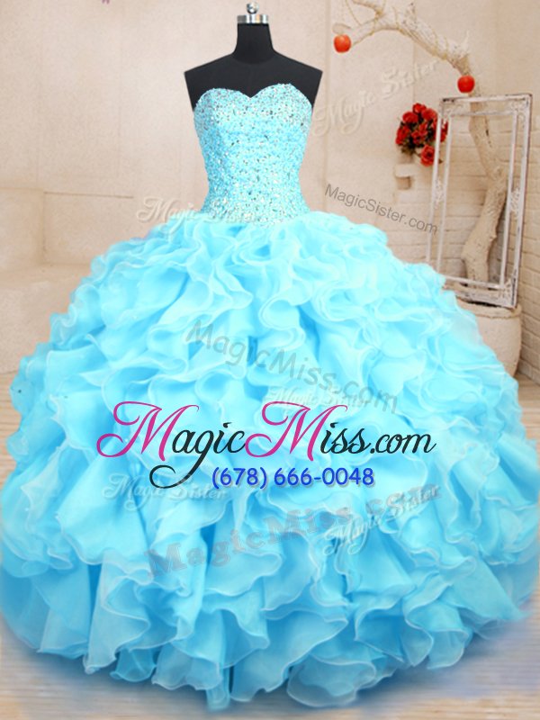 wholesale flare baby blue lace up quince ball gowns beading and ruffles sleeveless floor length