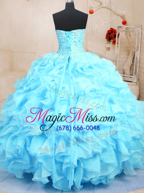 wholesale flare baby blue lace up quince ball gowns beading and ruffles sleeveless floor length