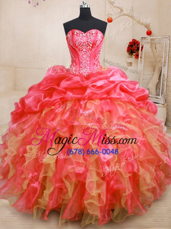 wholesale sophisticated sleeveless floor length beading and ruffles lace up 15th birthday dress with red