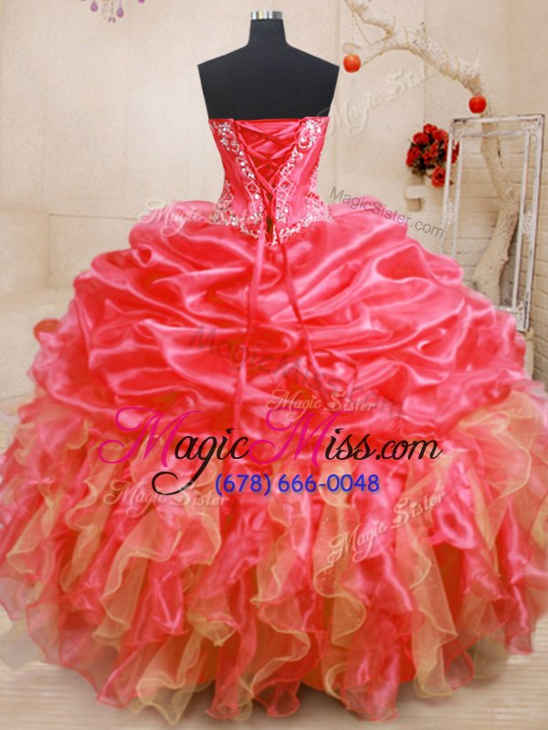 wholesale sophisticated sleeveless floor length beading and ruffles lace up 15th birthday dress with red