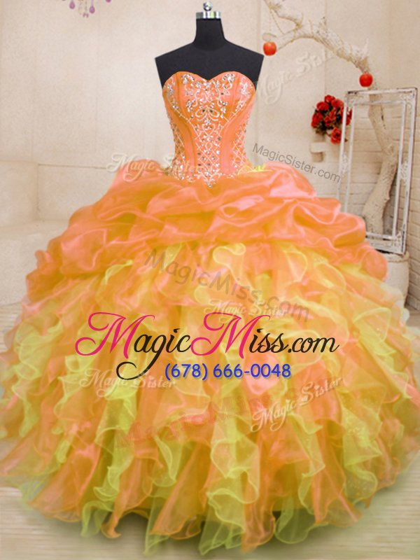 wholesale hot sale orange sleeveless beading and ruffles floor length 15 quinceanera dress