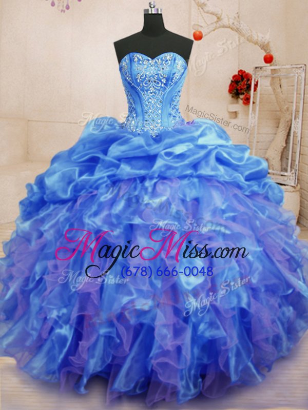 wholesale adorable blue ball gowns beading and ruffles 15 quinceanera dress lace up organza sleeveless floor length