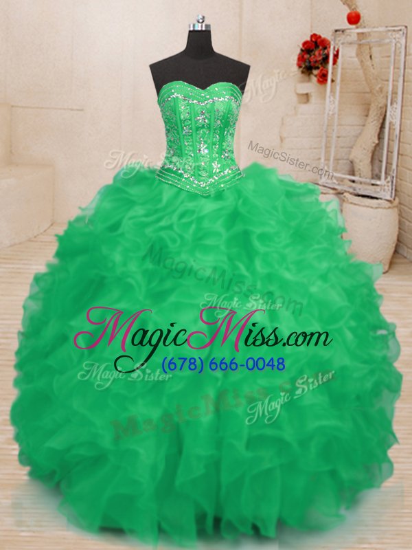 wholesale deluxe teal and green ball gowns beading and ruffles quince ball gowns lace up organza sleeveless floor length