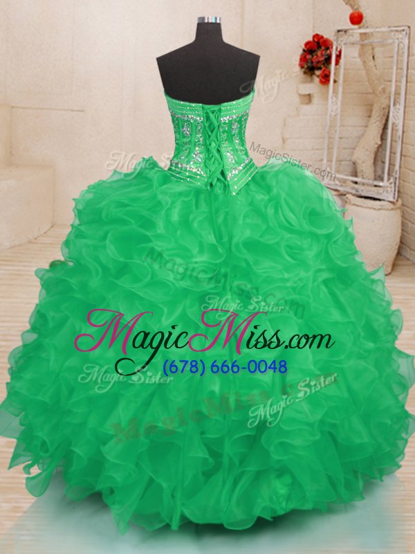 wholesale deluxe teal and green ball gowns beading and ruffles quince ball gowns lace up organza sleeveless floor length