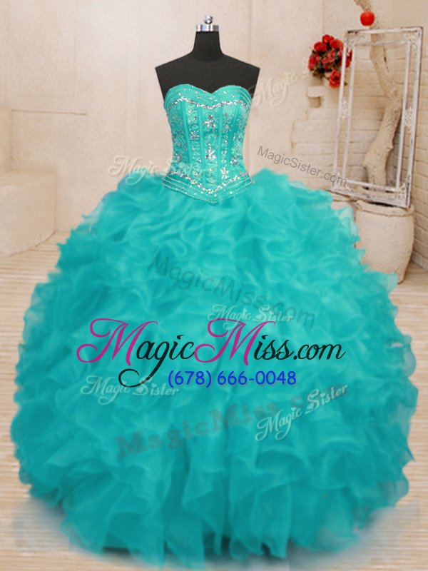 wholesale decent organza sweetheart sleeveless lace up beading and ruffles 15th birthday dress in aqua blue