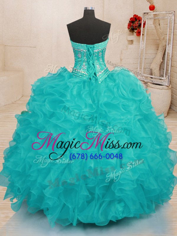 wholesale decent organza sweetheart sleeveless lace up beading and ruffles 15th birthday dress in aqua blue