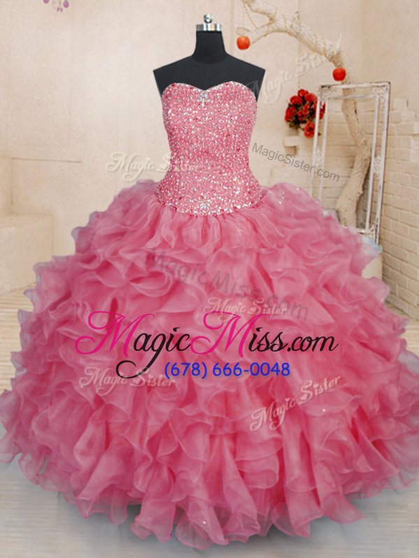 wholesale clearance pink lace up quinceanera dress beading and ruffles sleeveless floor length