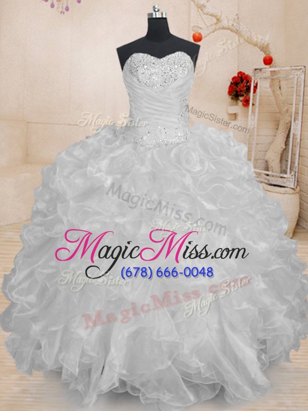 wholesale traditional floor length white quinceanera dresses organza sleeveless beading and ruffles