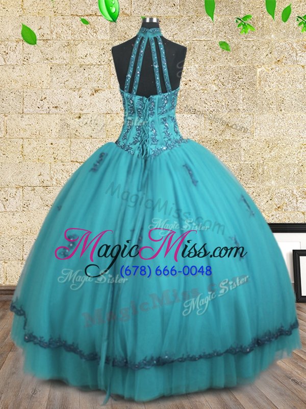 wholesale attractive halter top teal sleeveless beading floor length quinceanera gowns