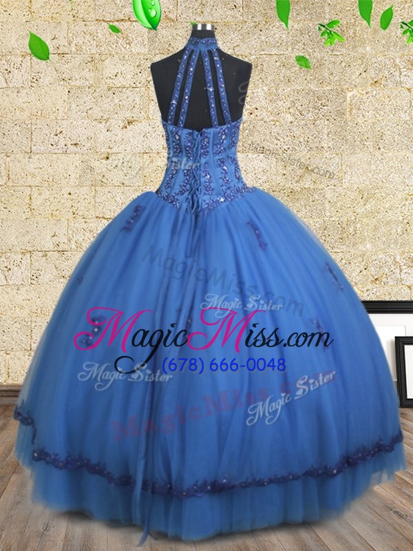 wholesale sexy floor length blue quinceanera gown halter top sleeveless lace up