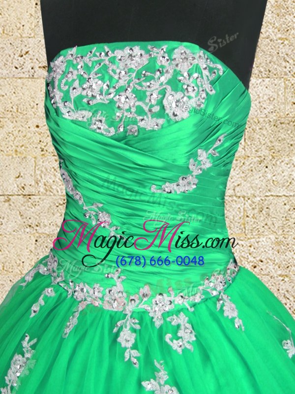 wholesale glamorous green ball gowns strapless sleeveless tulle floor length lace up embroidery and ruching 15 quinceanera dress