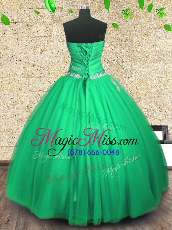 wholesale glamorous green ball gowns strapless sleeveless tulle floor length lace up embroidery and ruching 15 quinceanera dress