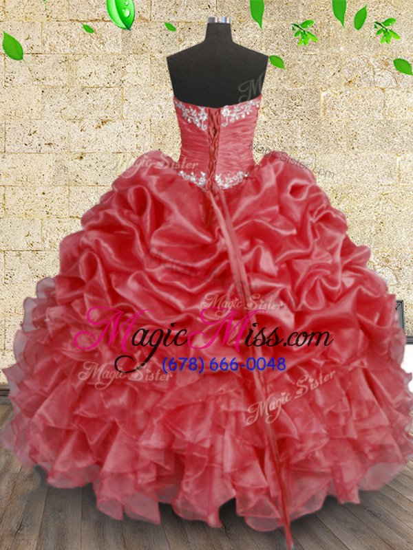 wholesale attractive sleeveless floor length beading and appliques and ruffles and ruching lace up sweet 16 quinceanera dress with coral red