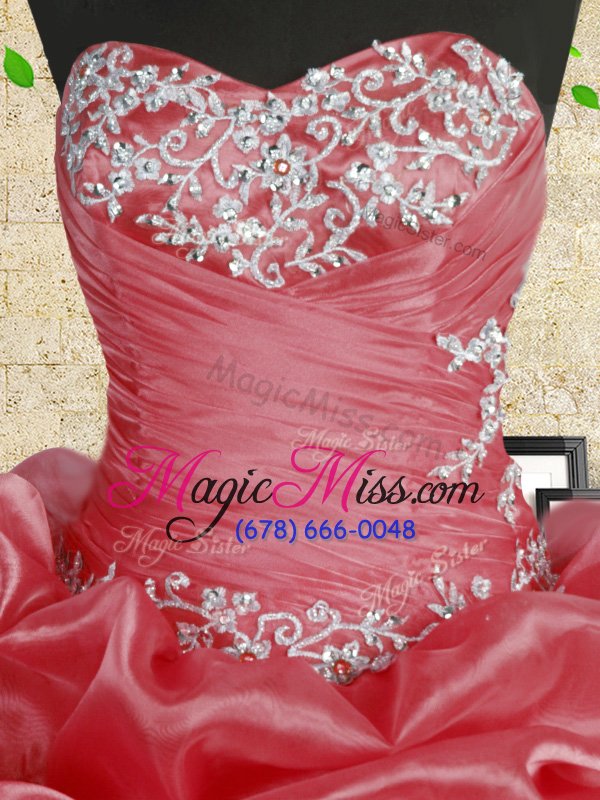 wholesale attractive sleeveless floor length beading and appliques and ruffles and ruching lace up sweet 16 quinceanera dress with coral red