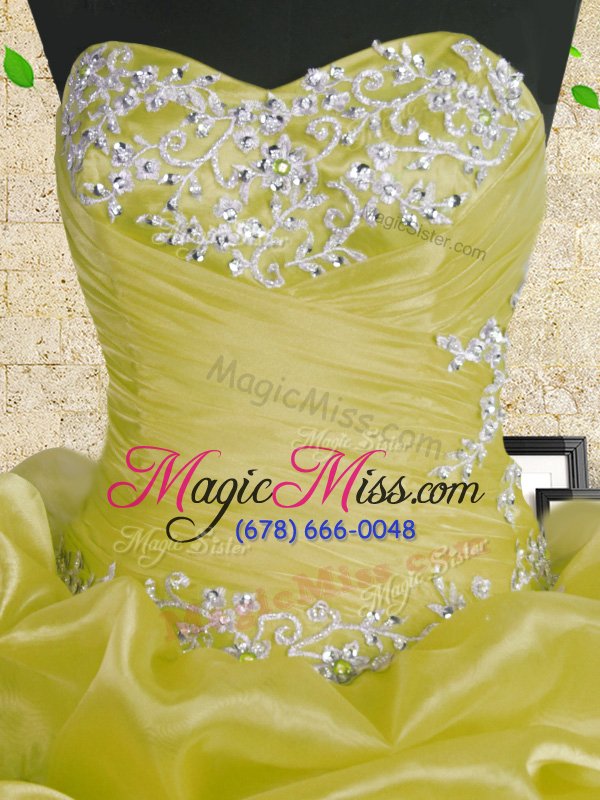 wholesale fancy green ball gowns organza sweetheart sleeveless beading and appliques and ruffles and ruching floor length lace up quinceanera gown