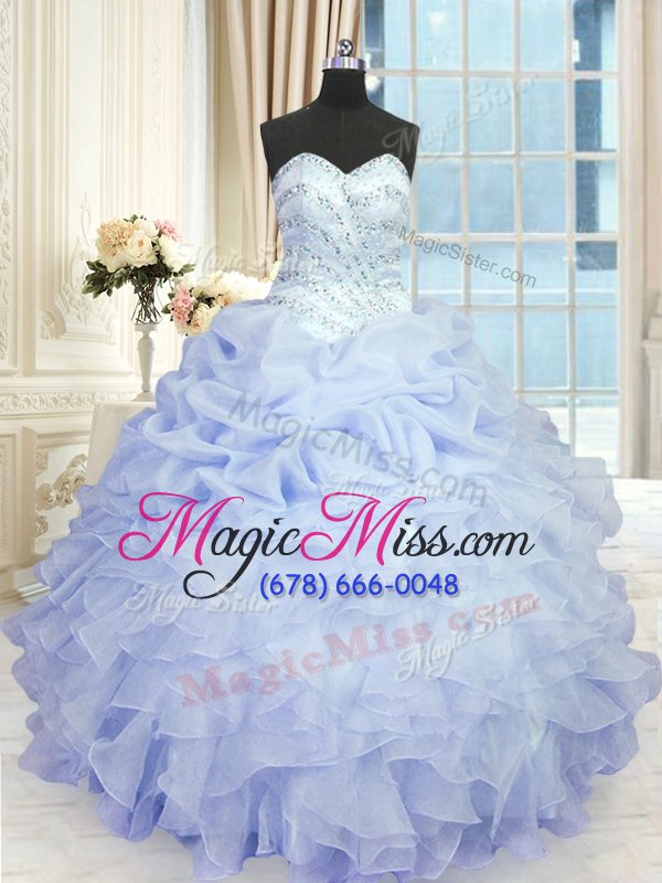 wholesale high class lavender organza lace up sweetheart sleeveless floor length sweet 16 dress beading and ruffles