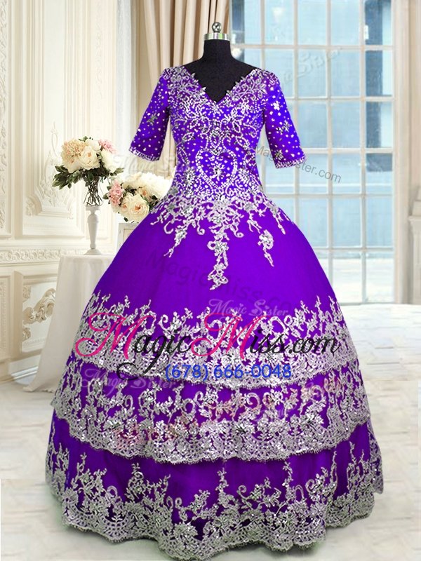 wholesale ideal purple ball gowns beading and appliques and ruffled layers ball gown prom dress zipper tulle half sleeves floor length