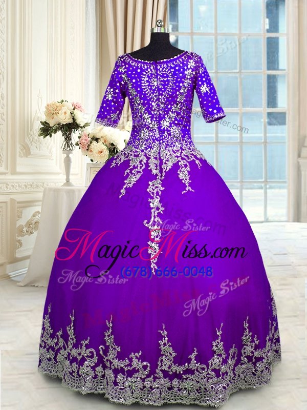 wholesale ideal purple ball gowns beading and appliques and ruffled layers ball gown prom dress zipper tulle half sleeves floor length