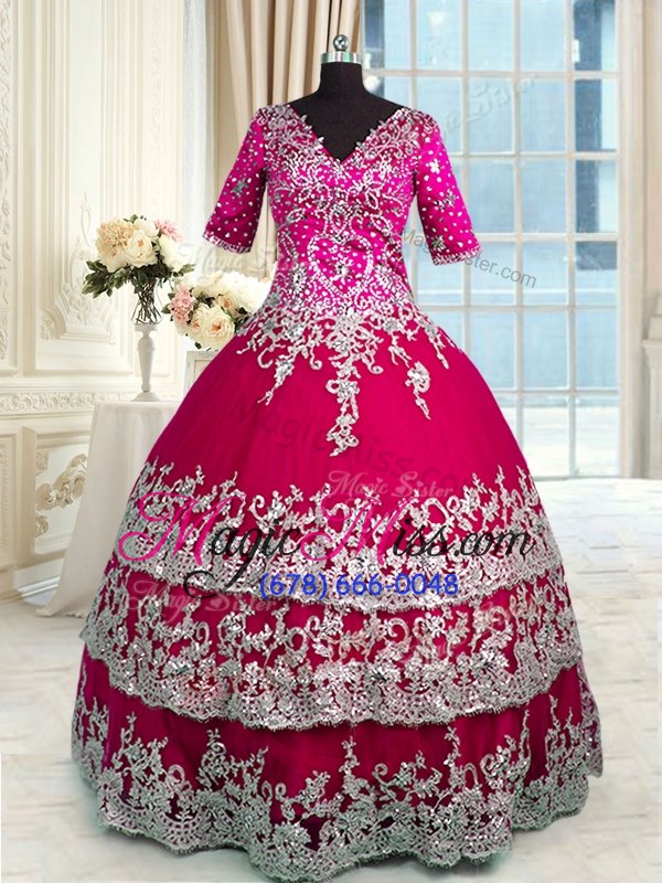 wholesale custom fit red and hot pink zipper v-neck beading and appliques and ruffled layers sweet 16 dress satin and tulle half sleeves