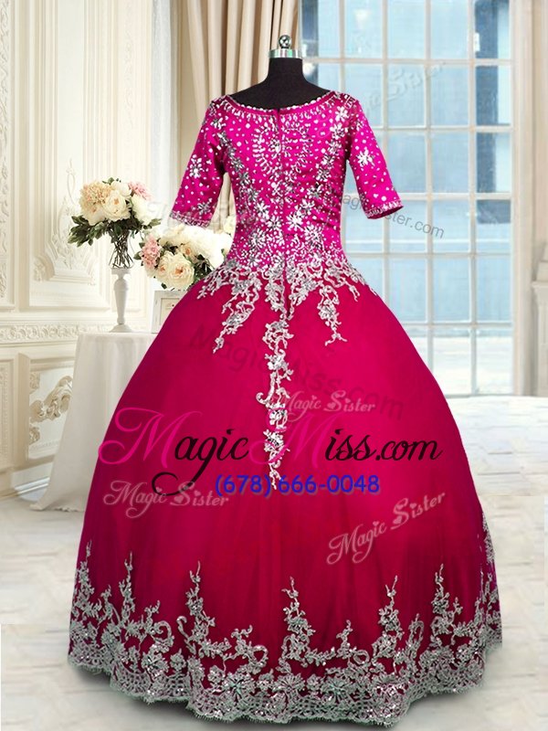 wholesale custom fit red and hot pink zipper v-neck beading and appliques and ruffled layers sweet 16 dress satin and tulle half sleeves