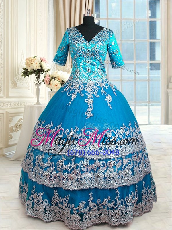 wholesale high end v-neck half sleeves quinceanera gown floor length beading and lace and appliques and ruffled layers teal tulle