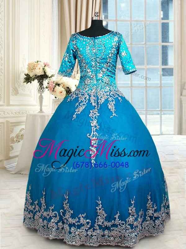 wholesale high end v-neck half sleeves quinceanera gown floor length beading and lace and appliques and ruffled layers teal tulle