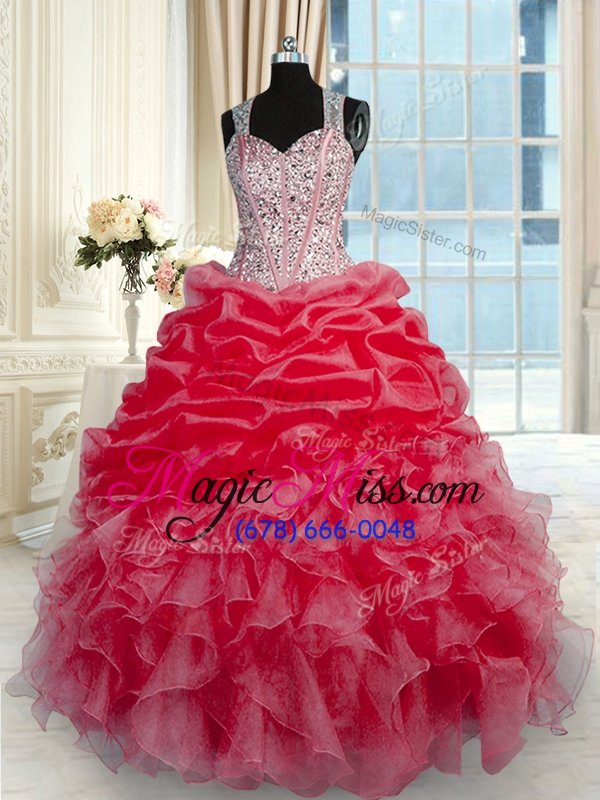 wholesale admirable ball gowns 15th birthday dress red straps organza sleeveless floor length zipper