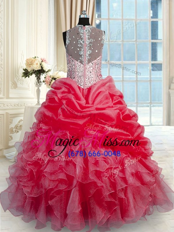 wholesale admirable ball gowns 15th birthday dress red straps organza sleeveless floor length zipper