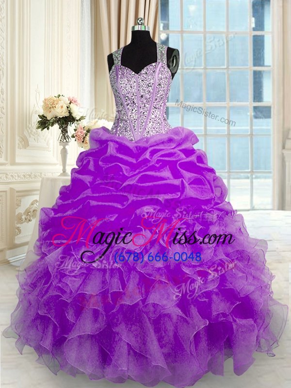 wholesale high class straps sleeveless quince ball gowns floor length beading and ruffles lilac organza