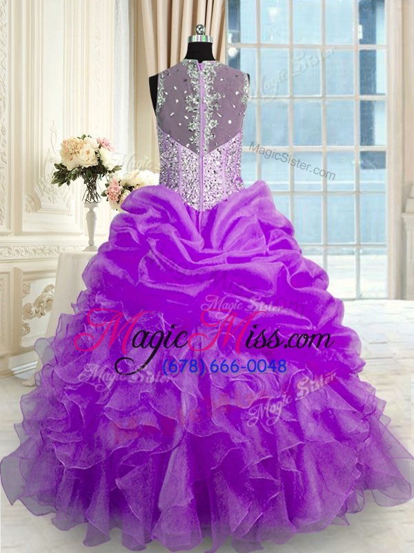 wholesale high class straps sleeveless quince ball gowns floor length beading and ruffles lilac organza